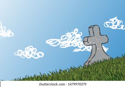 Grass on hill and cross grave cloud above sky