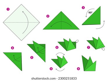 Grass origami scheme tutorial moving model. Origami for kids. Step by step how to make a cute origami plant. Vector illustration.