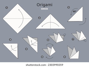 Grass origami scheme tutorial moving model on grey backdrop. Origami for kids. Step by step how to make a cute origami plant. Vector illustration.