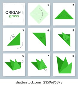 Grass origami scheme tutorial moving model. Origami for kids. Step by step how to make a cute origami plant. Vector illustration.