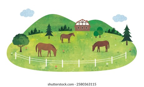 Grass pasture, mountains and horses landscape