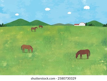 Grass pasture, mountains and horses landscape 3