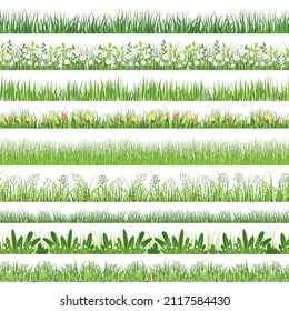 Grass Pattern. Seamless Horizontal Print With Cartoon Weeds And Grass With Flowers. Vector Texture