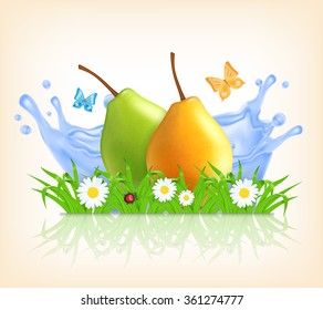 Grass and pear on a background of splashing water. Pear. Summer time. Time for a picnic. Vector background. EPS10 vector