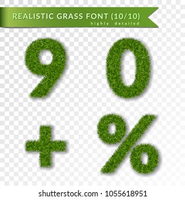 Grass percent, nine, zero, plus set. Green symbols, isolated on white transparent background. Green grass numbers, symbol nature, lawn, summer. Grass spring font. Eco design Vector illustration