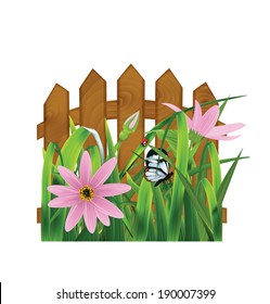 Grass with pink flowers, leaf, fence. Vector illustration