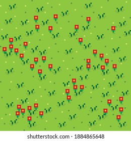 Grass pixel art background. Grass texture. Pixel art vector. Flower garden.
