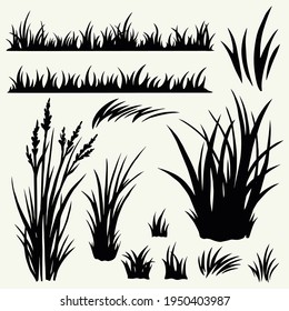 Grass and plants black silhouettes set in vintage style on white background isolated vector illustration