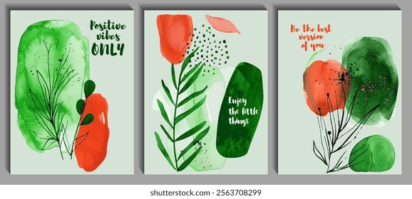 Grass plants branches with foliage outline wall decor printable posters collection. Red green colors tree leaves abstract artworks. Positive quotes motivational phrases.