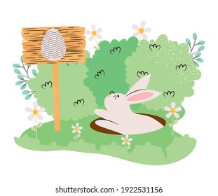 grass with rabbit coming out of a hole and wooden board with easter egg icon over white background, colorful design, vector illustration