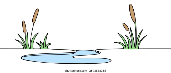 Grass reed drawn by one line. Flora sketch. Minimal art. Continuous line drawing. Vector illustration.