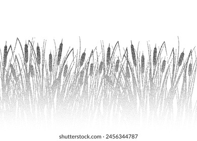 Grass reed stipple silhouette. Vector swamp cattail plants over water, dotted river marsh landscape with shadow