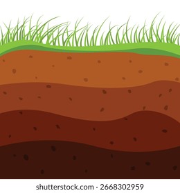 Raízes de grama e pedras. camada de solo marrom. superfície da estrutura da terra. geologia subterrânea. fundo para arqueologia. desenho animado plano