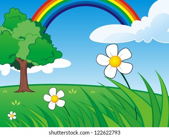 Grass Scene with Clear Sky and Rainbow