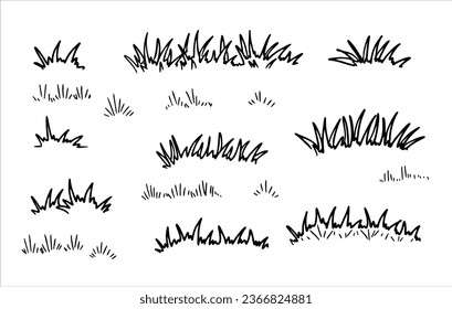 Campo de garabatos de hierba. Esbozar el paisaje de verano. Prado de línea dibujada a mano. Ilustración de caricatura aislada en fondo blanco