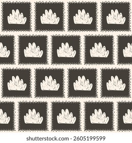 Grass seamless pattern. Linocut block print floral stencil on vintage frames allover background. Rectangle marker drawn repeat cover. Vector hand drawn monochrome spring motif.
