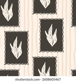 Grass seamless pattern. Linocut block print floral stencil on vintage frames allover background. Rectangle marker drawn repeat cover. Vector hand drawn monochrome spring motif.