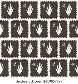 Grass seamless pattern. Linocut block print floral stencil on vintage frames allover background. Rectangle marker drawn repeat cover. Vector hand drawn monochrome spring motif.