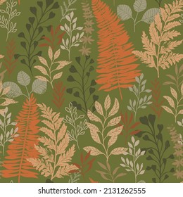 Ein nahtloses Grasmuster. Neutral, ruhig, botanisch. Naturkraut. Blätter und Äste, strukturierter Hintergrund.