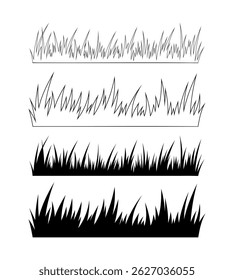 Grass, a set of contour silhouette, isolated on a white background, black and white vector graphic illustration. A row of blades of grass is hand-drawn with a line. Grass border for frame, decoration