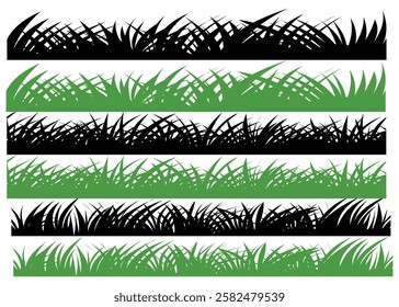 Grass set isolated on white background. Green grass seamless black and white silhouettes. Hand drawn grass illustration. Black grass border, long weed. Cartoon lines of plants and shrubs for framing