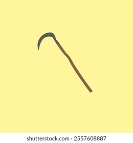 Grass sickle vector illustration on yellow background. Gardening tool