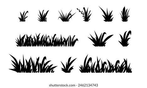 Grass silhouette. Black field isolated elements. Spring summer hand drawn herb, park lawn meadow sketch style, cartoon flat isolated botanical elements, ecological symbol. Vector doodle illustration