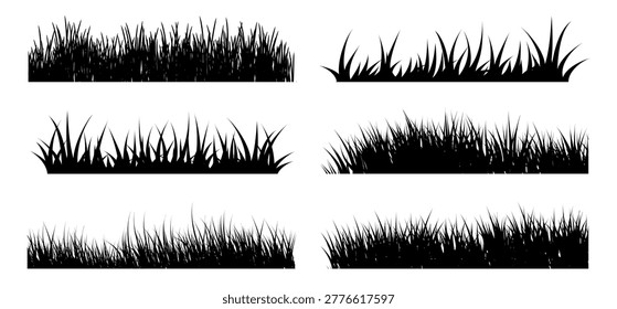 Grass silhouette collection in black. Set of lawn, meadow, plant, field, nature, ground and grass border elements
