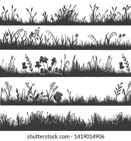 Grass silhouette design, natural environment herb border. Floral panorama. Vector grass illustration on white background