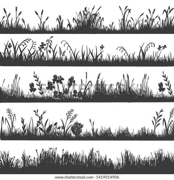 草のシルエットデザイン 自然のハーブ境界 花柄パノラマ 白い背景にベクターグラスのイラスト のベクター画像素材 ロイヤリティフリー