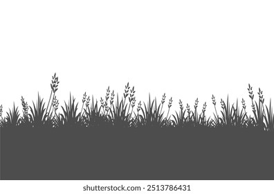 Silhueta de grama em estilo plano. Ilustração de grama e flores. coleção vetorial de grama em estilo plano. fundo da natureza de verão. grama, nuvens e céu.