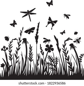 Grass silhouette and flying insects (dragonfly, bee, butterfly, ladybug). Flowers and plants vector illustration.