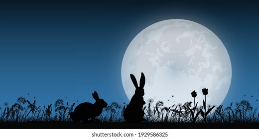 grass silhouette with full moon and rabbit, landscape background, vector illustration