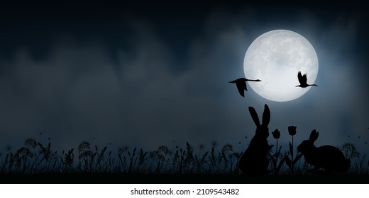 silueta de césped con luna llena y conejo, fondo de paisaje, ilustración vectorial