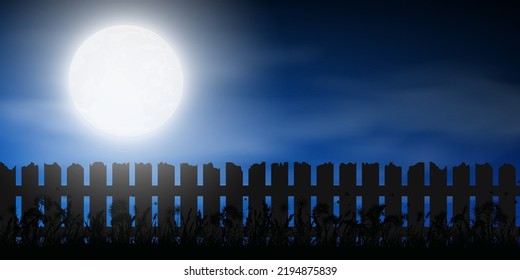 grass silhouette with full moon and wood fence, landscape background, vector illustration