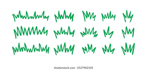 Grass silhouette Hand drawn doodle set. Lawn bush of green line grass in sketch drawing style. . Vector illustration