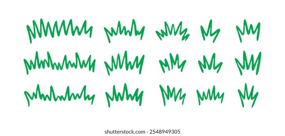 Grass silhouette Hand drawn doodle set. Lawn bush of green line grass in sketch drawing style. . Vector illustration