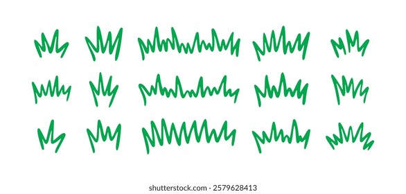 Grass silhouette Hand drawn doodle set. Lawn bush of green line grass in sketch drawing style. . Vector illustration