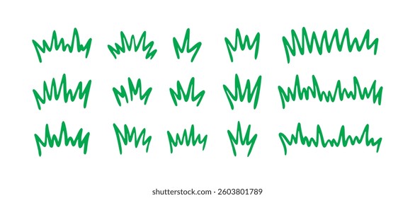Grass silhouette Hand drawn doodle set. Lawn bush of green line grass in sketch drawing style. . Vector illustration