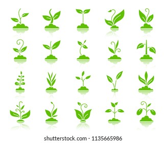 Grass silhouette icons set. Web sign kit of plant. Sprout green pictogram collection includes agriculture, seedling, sapling. Simple grass symbol with reflection. Vector Icon shape isolated on white