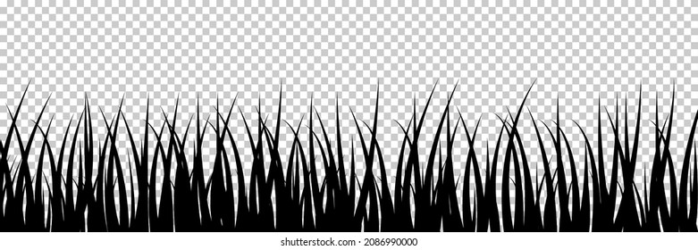 Grass silhouette. Landscape of meadow. Black grass with border. Plant on nature. Illustration for field, lawn and garden isolated on transparent background. Grassland in spring. Vector.