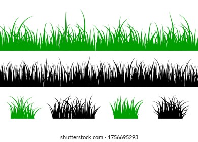 Grass silhouette. Lawn shape meadow landscape collection. Green and black elements for design. Vector line illustration isolated on white background