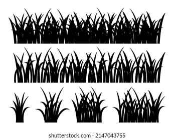 Conjunto vectorial de silueta de hierba. Matorrales y borde sólido horizontal. Decoración natural de plantas negras sobre fondo blanco. Elementos aislados de hierbas vegetales
