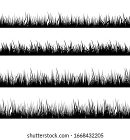 Grass silhouettes. Meadow landscape. Panorama black plants. Vector set.