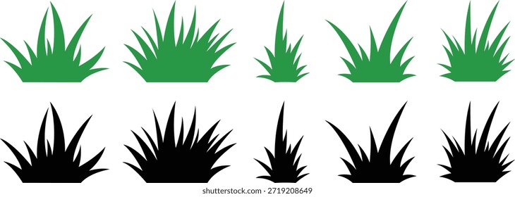 Silhouetten-Set aus Gras, verschiedene grüne und schwarze Klingen, Illustration