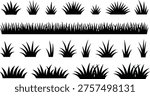 Grass silhouettes vector set, black lawn and meadow elements collection, decorative nature borders, wild foliage shapes, isolated botanical design assets for landscaping, logo, illustration