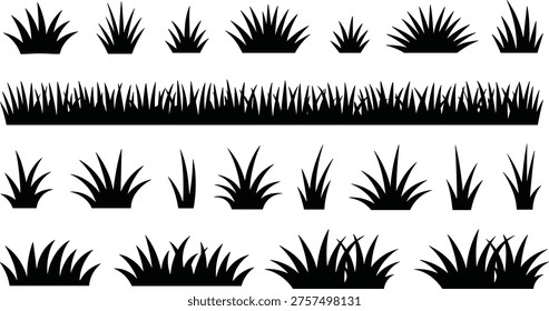 Grass silhouettes vector set, black lawn and meadow elements collection, decorative nature borders, wild foliage shapes, isolated botanical design assets for landscaping, logo, illustration