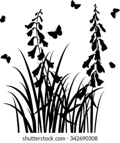 grass silhouettes,  wild flowers, herbs and leaves,  field plants and butterflies, monochrome vector floral background