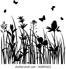 grass silhouettes,  wild flowers, herbs and leaves,  field plants and butterflies, monochrome vector floral background
