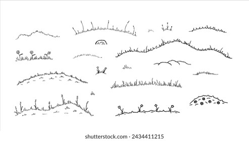 Grass sketch doodle field. Outline summer landscape. Hand drawn line meadow decoration with flower. Cartoon illustration isolated on white background